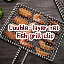 1pc BBQ Tongs With Double-Layer Clamp Grid And Heat-Resistant Handle, Outdoor Picnic - Rectangular Grate, High Heat-Resistant Mesh Grill Suitable For Vegetables, Fish, Kebabs, Home & Commercial Use, Great For Gatherings, Camping, Parties, Picnics, Outdoor Activities