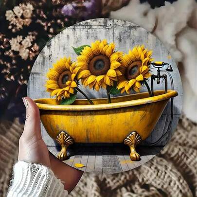Biển kim loại thiếc tròn 7,8x7,8 inch - Nghệ thuật treo tường phòng tắm hình hoa hướng dương cổ điển với thiết kế bồn tắm chân sư tử, In phẳng 2D độ nét cao, Trang trí nhà theo phong cách trang trại cho phòng ngủ, phòng khách, văn phòng, quán cà phê, ký túc xá - Quà tặng tân gia hoàn hảo, Trang trí tường phòng tắm, In phẳng 2D