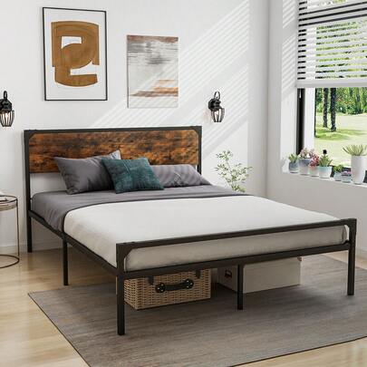 GOFLAME Industrial King Size Bed Frame, Metal Platform Bed With 9 Support Legs, Heavy-Duty Mattress Foundation With Noise-Free Design, No Box Spring Needed, Rustic Brown