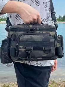 1 pièce Sac à appâts de pêche multi-compartiments imperméable avec motifs camouflage et géométriques - Couleurs unies, fermeture éclair, sangle d'épaule. Idéal pour le rangement du matériel de randonnée, de camping et de pêche en extérieur