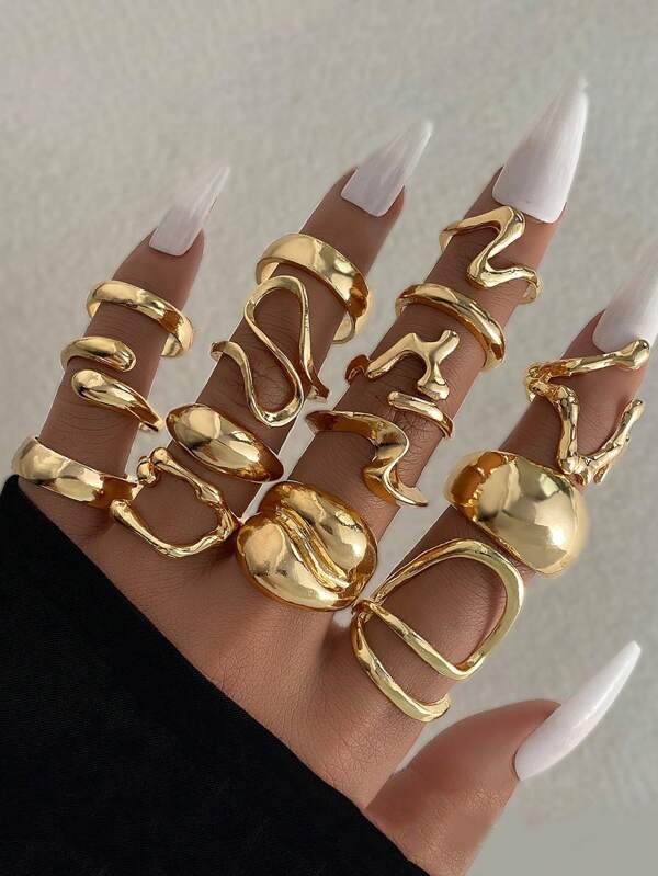 15er Set modischer, übertriebener Fest-Legierung asymmetrischer geometrischer Knöchelringe, offener, einstellbarer Ringset mit Lavalinien (inklusive Größentabelle, bitte vorsichtig kaufen)