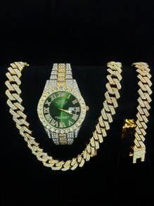 Conjunto de 3 piezas de reloj, collar y pulsera con Rhinestone, Reloj con correa de acero, calendario y caja de regalo para hombres y estudiantes, estilo hip-hop, conjunto de joyería de collar, pulsera y reloj de cumpleaños