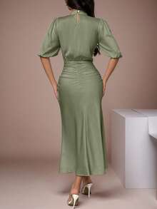 Women's Spring Summer Temperament Solid Color Short Sleeved Wrap Buttocks Fish Tail Dress - 綠色 - 查看 2