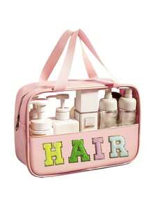 1Piece Preppy Cute Cosmetic Bags With Chenille Letter Patches, Travel Essentials Large Clear Zipper Hair Face Body Stuff Makeup Bag With Dual Handles,Waterproof PU Cosmetic Toiletry Storage Wash Tote Pouch For Women Teen Girls Bag,Room Decor, Bags,Makeup Bag,Vanity,Travel,Make Up Bag,Travel Essentials,Organizer,Storage,Travel Essential,Makeup Organizer,Makeup Bags,Make Up Organizer,Organiser,Toiletry Bag,Desk Organiser,Cosmetic Bag,Makeup Pouch,Make Up Organize,Vanity Accessories,Make Up Pouch,Make Up Bagstoiletry Bag For Ladies,Small Makeup Bag,Toiletry Bag For Ladies,Small Makeup Bag,Toiletry Bag For Women,Gifts For Women,Christmas Gifts,Gift Ideas For Women