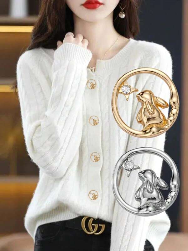 8pcs/Pack Elegant Round Metal Buttons, Hollow Design With Rabbit Gazing At The Stars And Crystal Decor, Suitable For Coats, Sweaters, Jackets, Dresses, Bags, Gift Boxes, Hand-Sewn Decorative Sewing Accessories