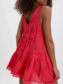 Womens Slip Lace Mini Dress Y2k 90s Vintage Aesthetic Summer Teen Girls Flowy Tiered Swing Dress Boho Coquette Drop Waist Short Dress - 紅色 - 查看 2