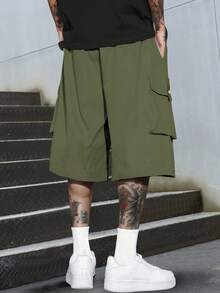 Pantalones cargo 3/4 ligeros para hombres con cintura con cordón, bolsillos grandes, parches con letras, pantalones deportivos casuales para uso diario, verano - Verde militar - Ver 5