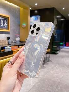 1pc Water Wave Textured Silver Color Solid Simple Fashionable Unique Pastel Color Pattern, Wave IMD Shockproof Full Cover Gradient Silver Iridescent Shiny Artistic Design Phone Case Compatible With Apple/OPPO/VIVO/Honor/Redmi/Transsion Phones - Silver - View 3