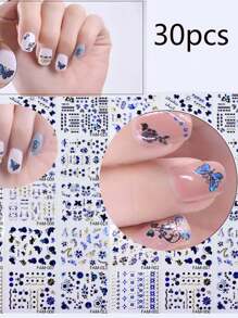 30 pezzi Adesivi per unghie blu metallizzati, nastro adesivo per unghie, adesivi per unghie floreali, d'erba e farfalle, accessori per unghie per uso quotidiano, banchetti e tempo libero
