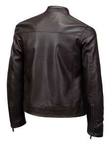 1pc Men's Casual PU Leather Motorcycle Jacket, Fashionable Outerwear For Autumn/Winter,Fleece - Brown - View 2