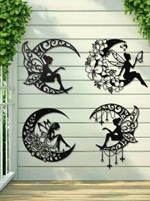 1pc Fairy And Moon Metal Wall Art, Iron Moon And Fairy Silhouette Design, Bohemian Decor Style, Indoor/Outdoor Wall Decor, Suitable For Home Decor, Bedroom Decor, Room Decor, Garden Decor, Living Room, Balcony, Birthday, Graduation, Housewarming, Halloween, Thanksgiving, Christmas, Ideal Gift For Family And Friends