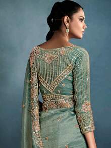 Mint Green Tissue Saree With Heavy Embroidered Border & Satin Silk Blouse Piece - Mint Green - View 3