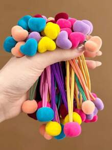 10pcs/Pack Colorful Pom Pom Heart Shaped Scrunchies, High Elasticity Flocked Candy Color Hair Accessories, Autumn/Winter Fluffy Hair Ties, Strong Durable For Daily Use