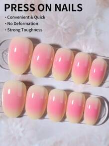 Juego de 24 uñas acrílicas postizas cortas de forma ovalada con diseño de degradado rosa, incluye 1 pegamento de gel y 1 lima de uñas. Fácil de usar para uñas de verano y manicura francesa para mujeres y niñas, ideal para uso diario y fiestas