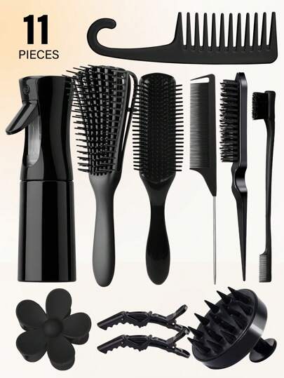 2/3/5/6/11 pièces set de brosses démêlantes, brosses de coiffage en nylon à 9 rangées avec coussin, set de peignes pour le volumisage, le brossage des côtés et de l'arrière, set de brosses pour cheveux bouclés avec vaporisateur pour démêlage, brosse de massage du cuir chevelu, peigne à grandes dents premium, pince à cheveux à fleurs, set de brosses pour la coiffure (rose, violet, noir)