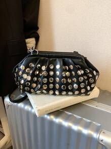 Nowa modna damska torba na ramię z nitami i solidnym PU z zamkiem błyskawicznym, stylowa torba typu crossbody, odpowiednia na randki, zakupy, uniwersalna