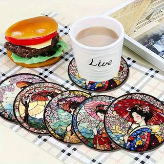 5pcs Japanese Cherry Blossom Wood Coasters - Heat Resistant Non-Slip Drink Placemats For Home, Office And Theme Party, 3.9 Inch, Great For Gifts