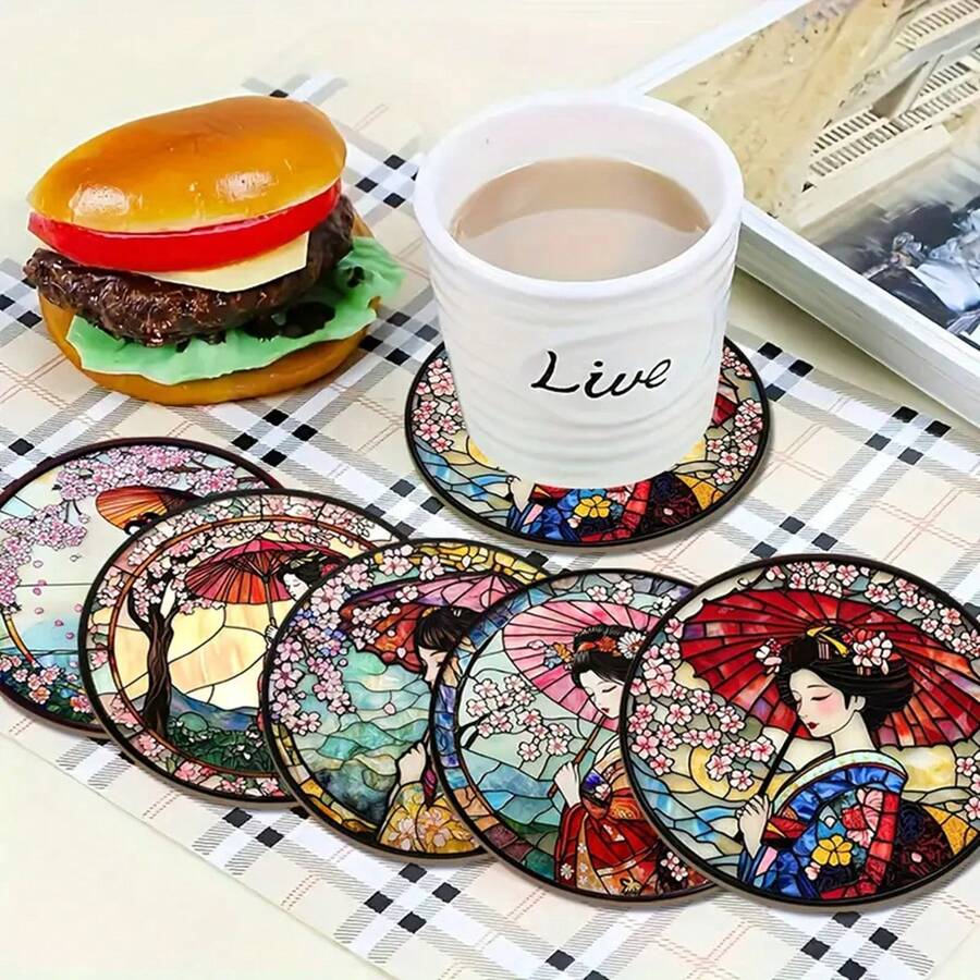 5 miếng lót ly gỗ hoa anh đào Nhật Bản - Miếng lót ly chống trượt chịu nhiệt cho gia đình, văn phòng và tiệc theo chủ đề, 3,9 inch, thích hợp làm quà tặng - Nhiều màu - Xem 1