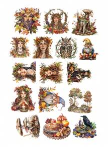 16pcs Watercolor Pumpkin Witch/ Autumn Forest Wizard Magician Sticker DIY Craft Scrapbooking Album Junk Daily Planner Decorative Planner Diary Vintage Stationary Suitable For Clippings, Diaries, Laptops, DIY Crafts, School Supplies,Back To School