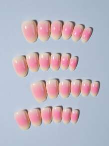 Juego de 24 uñas acrílicas postizas cortas de forma ovalada con diseño de degradado rosa, incluye 1 pegamento de gel y 1 lima de uñas. Fácil de usar para uñas de verano y manicura francesa para mujeres y niñas, ideal para uso diario y fiestas