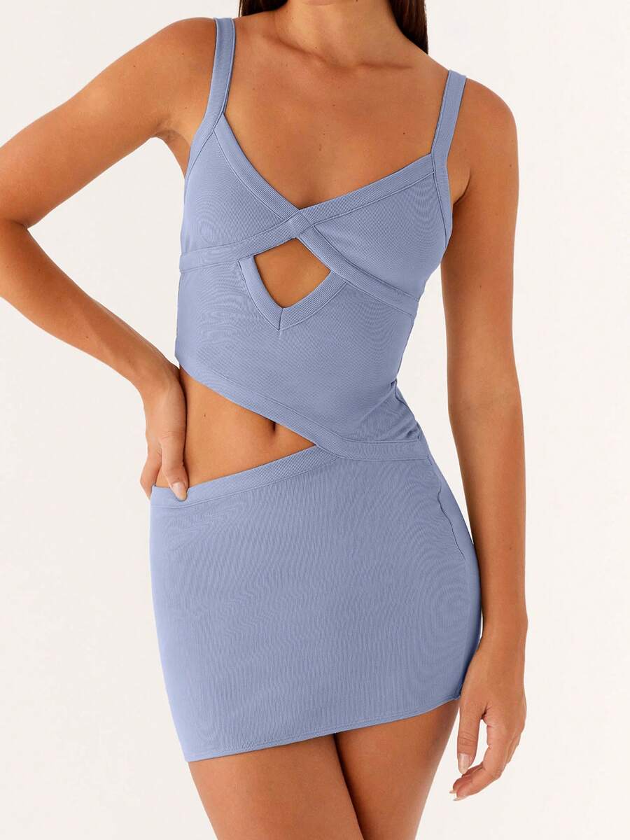 Women Cut Out Cami Dress Slim Solid Color V Neck Sleeveless Open Back Mini Bodycon Dress - Màu xanh lam - Xem 1