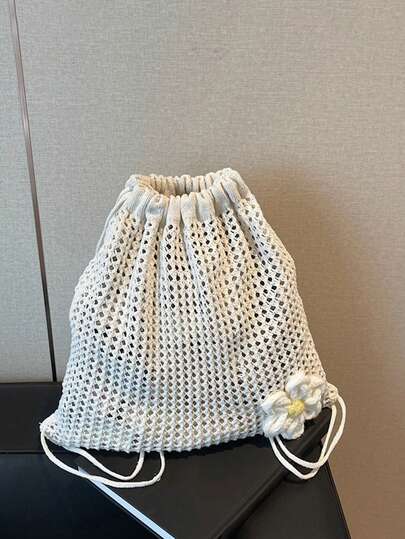 Yogodlns Bolsa de hombro de punto de unicolor con gran capacidad, mochila bohemia de ganchillo calada, versátil bolso de playa y viaje para mujer, mochila casual de malla con cordón para chicas, ligera bolsa de hombro para mujer para viajes y playa