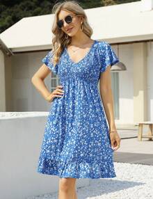 Yesfashion Women's Maternity Short Sleeve Ruffle Dress V Neck Summer Casual Smocked Flowy Midi Dress For Baby Shower Photoshoot - 藍底小白花 - 查看 2