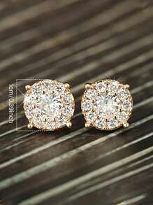 1 Pair Of Hip-Hop Four Claws Round Cubic Zirconia Gold Color Earrings Fashion Simple Commuting Versatile Men And Women Couple Earrings
