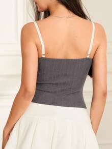 Women's Y2k Knit Cami Tank Top Fairy Lace Trim Bow Front Spaghetti Strap Deep V Neck Slim Fit Camisole Crop Tops Sexy Backless Sleeveless Vest Shirt Summer Cute Going Out Tops - 灰色 - 查看 5