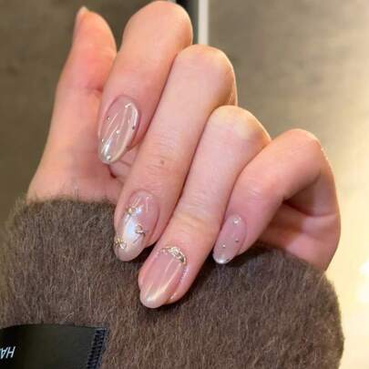 10片中长款杏仁形美甲贴纸，粉色猫眼设计，带蝴蝶结和波点装饰，适合日常和节日佩戴，可重复使用，完美贴合女性和女孩的椭圆形指甲，短指甲贴纸，美甲用品，手工按压式美甲