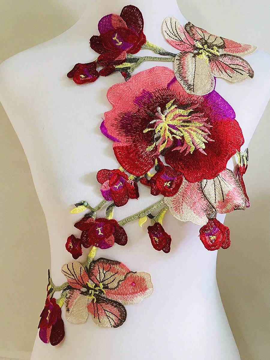 1pc Embroidered Water Soluble Lace Patch, Cheongsam / Qipao Peony Flower Fabric Applique - Red - View 1