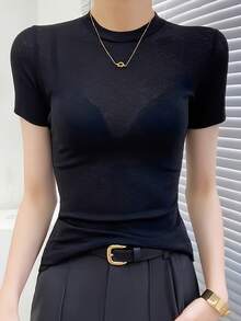 Women Black Short Sleeve Sheer Mesh Overlay Summer T-Shirt, Lightweight Undershirt - Black - View 3