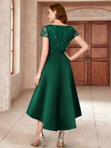 MIUSOL Sequin Lace Sweetheart Neck High-Low Hem Satin Prom Party Swing Dress - Dark Green - View 3