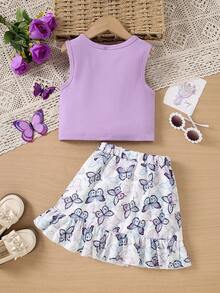 2pcs/Set Girls Summer Minimalist Solid Color Rib Twist Sleeveless Top + Butterfly Print Mini Skirt - Purple - View 2