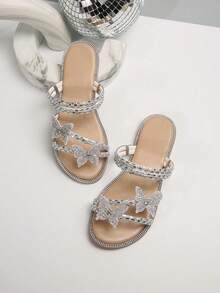 Colorful Rhinestone Bow Dual-Wear Women's Slide Sandals, Suitable For Wearing Outwardly, Fashion French Style Silver, Fit For Dating, Shopping, Party, Work Commute In Summer And Autumn,Beach Shoes - Apricot - View 6