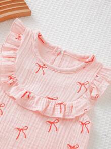 Baby Girls Bow Decor Sleeveless Printed Top + Bow Shorts 2pcs Set, Elegant And Cute Series, Essential Baby Summer Outfit