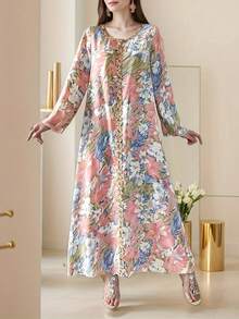 Váy Maxi Tay Dài In Hoa - Váy Chữ A Bằng Polyester, Cổ Chữ V & Viền Ren, Có Thể Giặt Máy Mọi Mùa, Dáng Rộng, Truyền Thống Thanh Lịch, Phù Hợp Cho Những Dịp Thường Ngày & Trang Trọng, Đa Chức Năng, Thiết Kế Sang Trọng, May Chất Lượng, Trang Phục Thời Trang, Lựa Chọn Thoải Mái - Nhiều màu - Xem 3