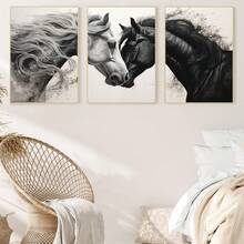 3 peças/Conjunto Pintura em Tela Emoldurada, Conjunto de Arte de Parede em Tela Cavalo Galopante Preto e Branco - Pintura de Cabeça de Cavalo Elegante - Decoração de Arte com Padrão Animal para Sala de Estar, Quarto, Escritório, Presente Perfeito para Amigos e Família, À Prova d'Água - Multicolorido - Visão 9