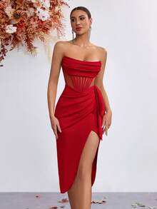 Elisanya Women Elegant Strapless Hollow-Out Ruffle Tie Front Slit Backless Ball Gown Dress, For Party/Banquet, For Cocktail - Watermelon Red - View 3