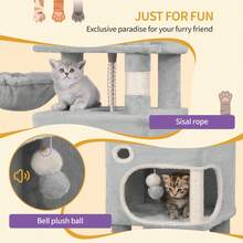 HEXCELEN 62.6" Cat Tree, Multi-Level Cats Condo With 8 Scratching Posts, Cat Tower For Indoor Cats, 3 Platforms, 2 Caves, Basket, Plush Balls, Sisal Rope, Anti-Tip Kit, Cat Tree Tower, Light Grey - 淺灰色 - 查看 5