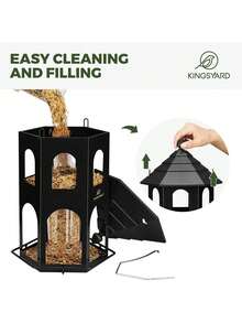 Comedero para pájaros de metal para colgar en exteriores, comederos de pájaros salvajes con percha circular, fácil de limpiar y rellenar, capacidad de semillas grande de 4 libras, color negro - Negro - Ver 10