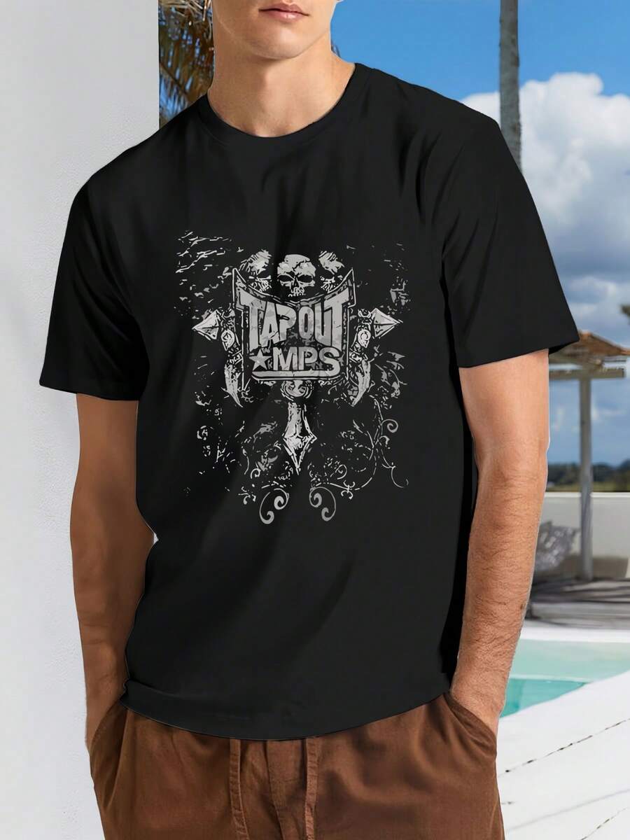 Men's Short - Sleeve T - Shirt With TAPOUT MPS Logo , Men's 220gsm New Summer Casual Crew Neck Pure Cotton Short-Sleeved T-Shirt(1 PC) - Black - View 1
