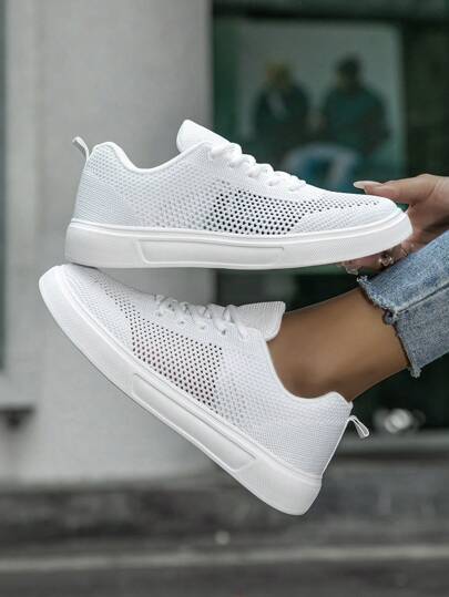 Damskie modne dzianinowe buty, proste białe niskie sportowe buty casualowe, wielofunkcyjne i lekkie, damskie modne oddychające lekkie amortyzowane sportowe buty - wygodne całoroczne sznurowane codzienne trampki z elastyczną tkaniną z fakturą cornrow i niskim stanem