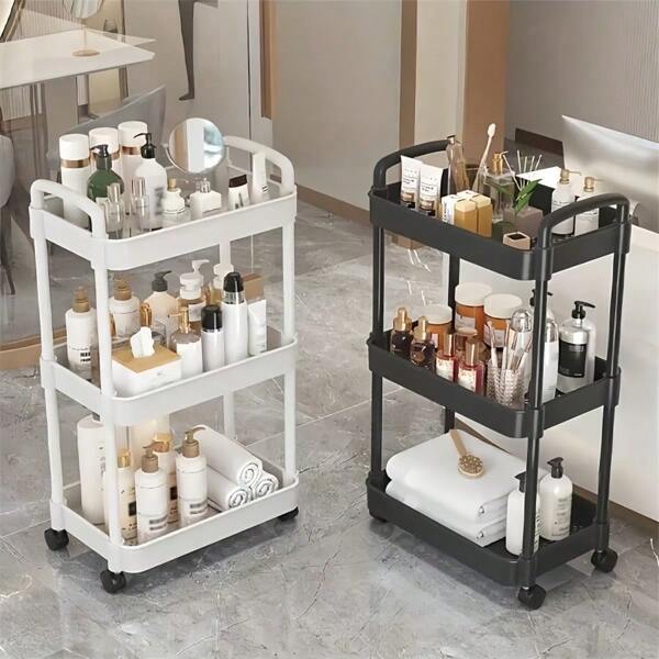 Versatile White Plastic Storage Rack - Multi-Tier Rolling Trolley ForKitchen, Bathroom & Bedroom Organization