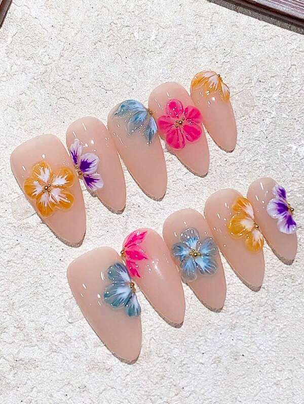 10pcs Set Almond Nail Flower Art Decor, Simple Handmade 3D Floral Nail Stickers, Suitable For Outings, Dates, Parties, Gift For Friends, Reusable, With Mini Nail File