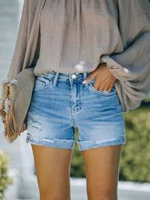 Women's Front Button Pocket Simple Fashion Daily Denim Shorts - Blue - View 1