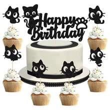 7 peças/12 peças Toppers de Cupcake com Glitter Preto Tema de Gato Feliz Aniversário, Decorações para Festa de Aniversário, Chá de Bebê ou Festa com Tema de Gato ou Animais de Estimação - Preto - Visão 1