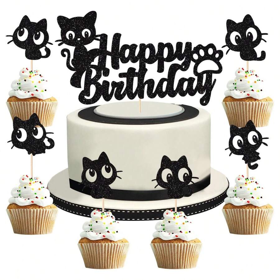 7 peças/12 peças Toppers de Cupcake com Glitter Preto Tema de Gato Feliz Aniversário, Decorações para Festa de Aniversário, Chá de Bebê ou Festa com Tema de Gato ou Animais de Estimação - Preto - Visão 1