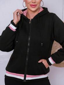 Women's Sweatshirt Simple Casual Party Pocket Zipper Drawstring - Negro - Ver 5