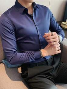 MS889# Shirt Men's Korean Handsome Slim Long-Sleeved Professional Dress Work Clothes - 藍色 - 查看 2
